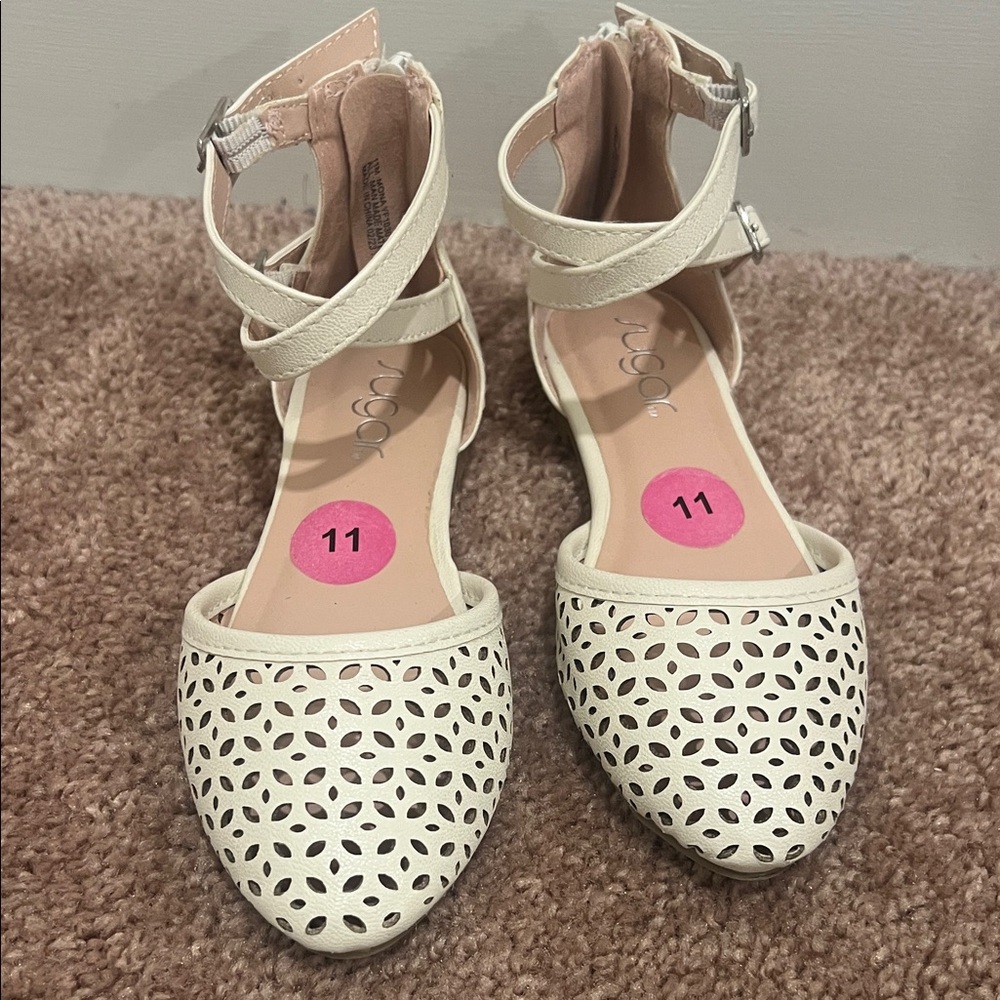 Little Girls Cream Laser-Cut Ankle-Strap Flats
